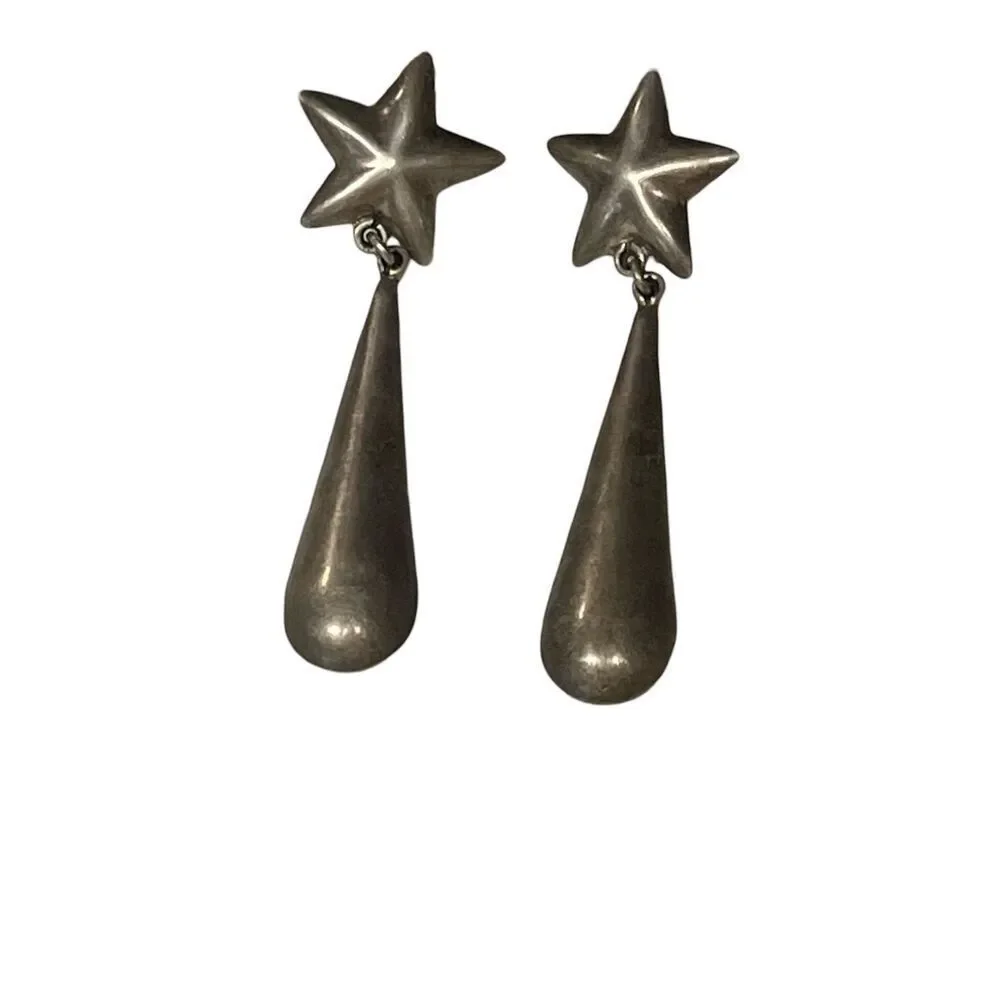 SOLD Rare Taxco Sterling Silver Star Drop Earrings Vintage 1970s - Picture 9 of 11